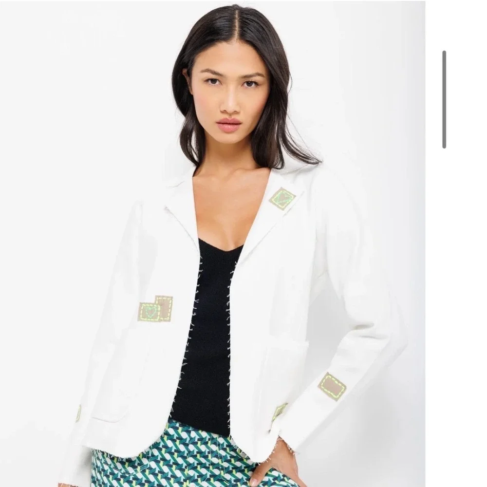 Lisa Todd Summer Blazin White Knit Blazer Cotton Stretch Embroidered Patch Small